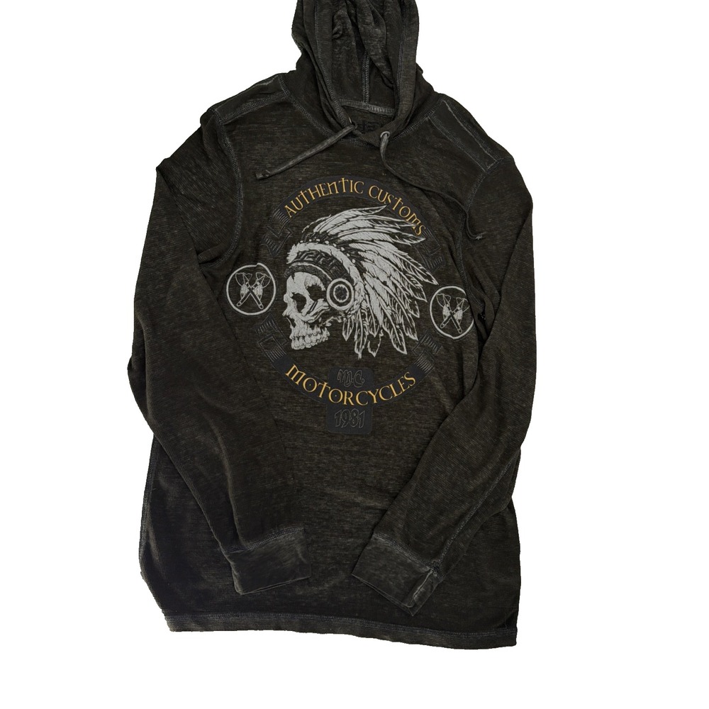 Helix Hoodie Shirt Mens L Black Thermal Skull Cross Graphic Y2K Biker Grunge